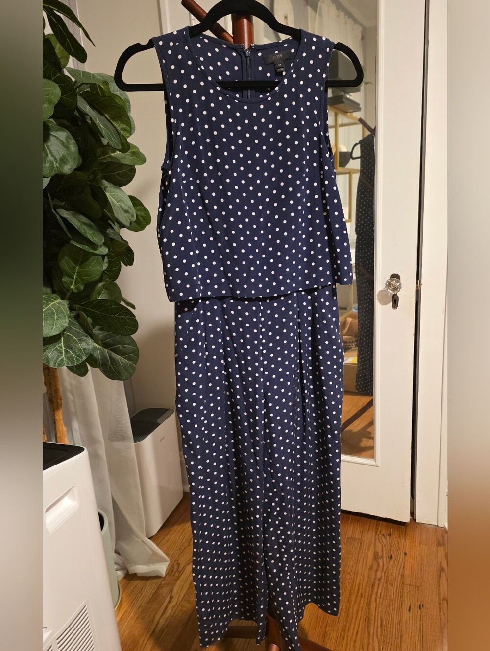 J. Crew Navy and White Polka Dot Sleeveless Jumpsuit